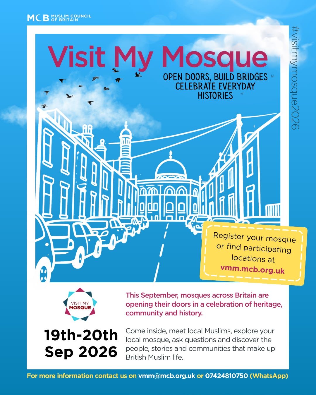 Visit My Mosque 2026 poster — open doors, build bridges, celebrate everyday histories. 19th to 20th September 2026.